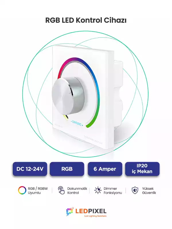 Modern cam yüzey tasarımına sahip RGB LED kontrol paneli.