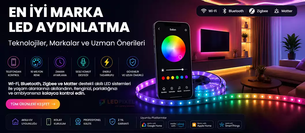2026 En İyi Akıllı LED Aydınlatma Markaları Rehberi – Wi-Fi, Bluetooth, Zigbee ve Matter destekli modern LED sistemleri.