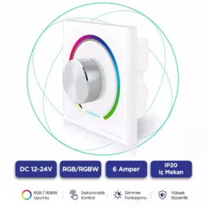 RGB RGBW LED kontrol paneli yan açı görünümü metal döner knob ve cam panel tasarımı