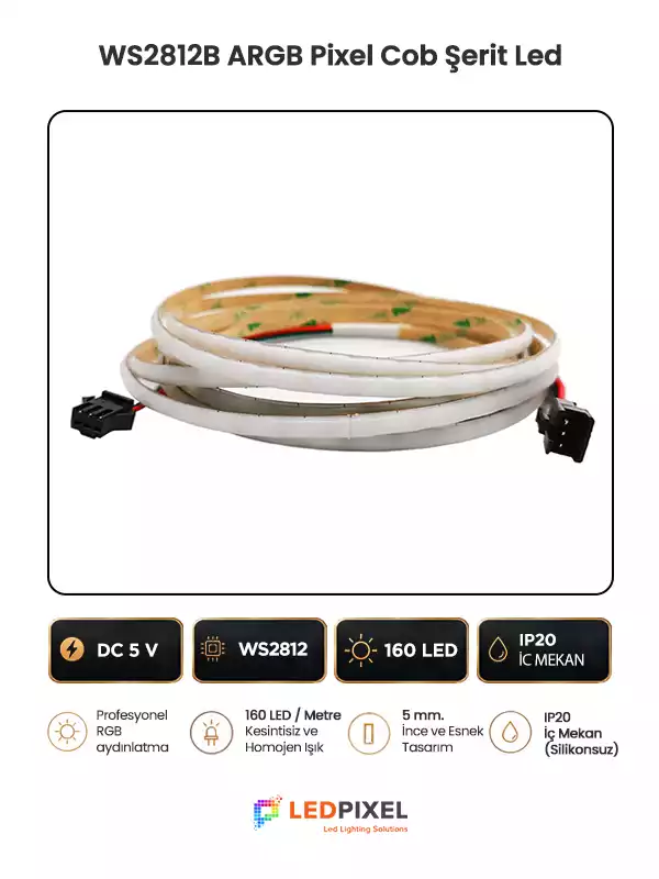 WS2812B COB 160 LED/Metre 5V adreslenebilir RGB Pixel Şerit LED